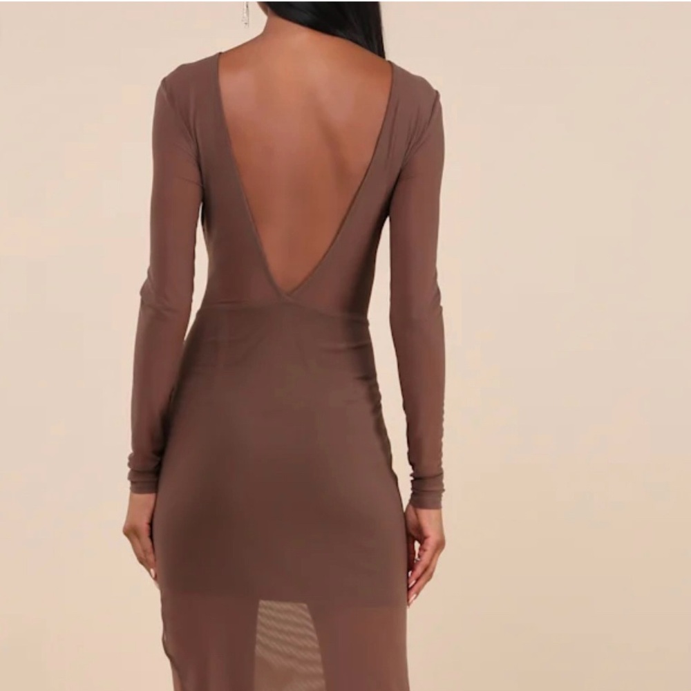 Lulus Alluring Silhouette Dark Brown Sheer Mesh Backless Maxi Dress Size Large